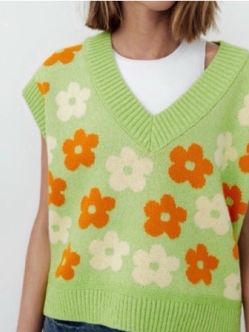 Zara Green Floral V-Neck Sweater Vest - Bright Floral Knit Tank oversized